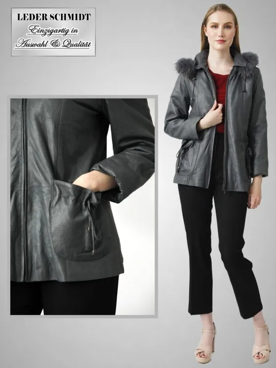 halblange Damenlederjacke mit Kapuze