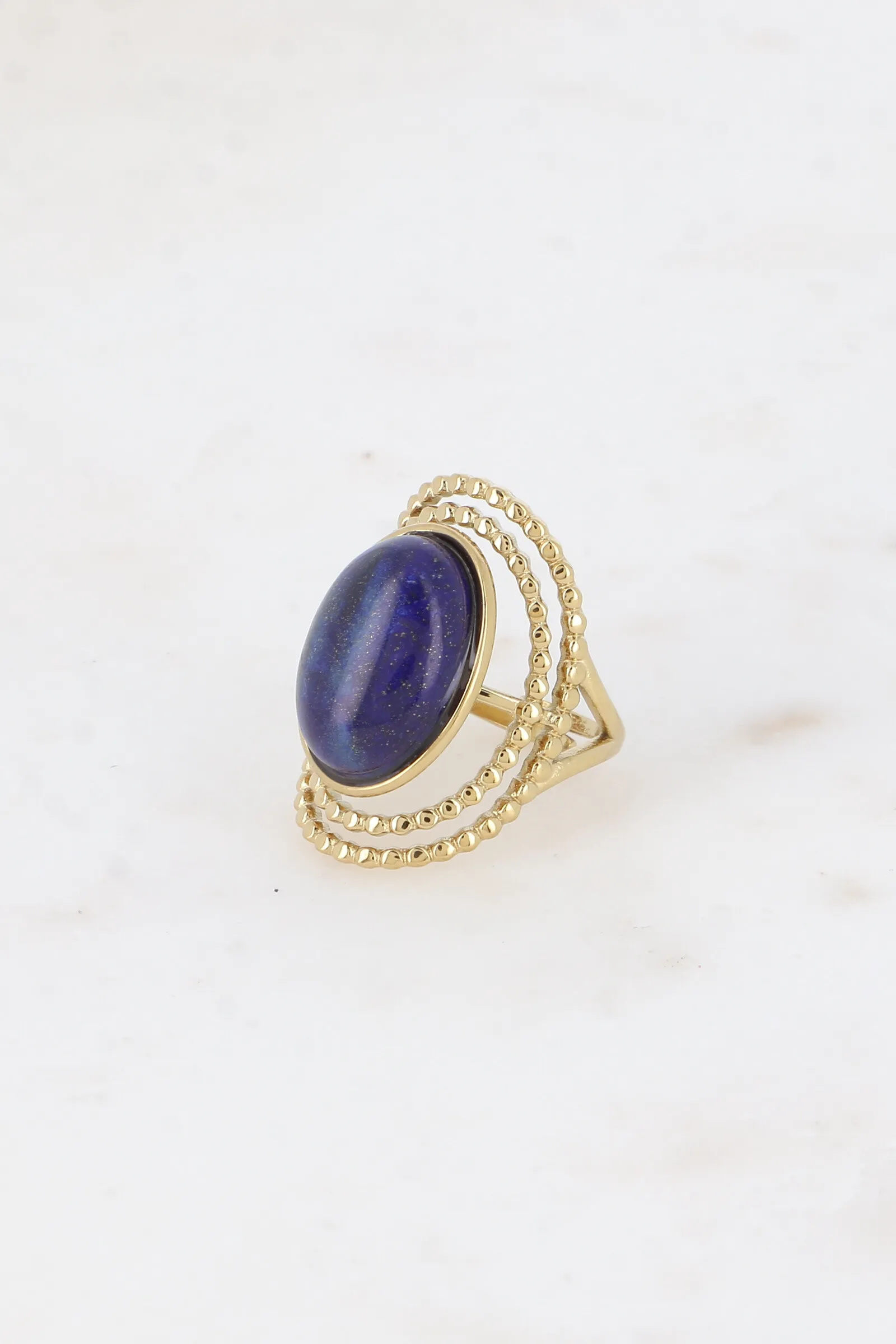 Ring – 2 große ovale Kreise aus Milgrain und Naturstein